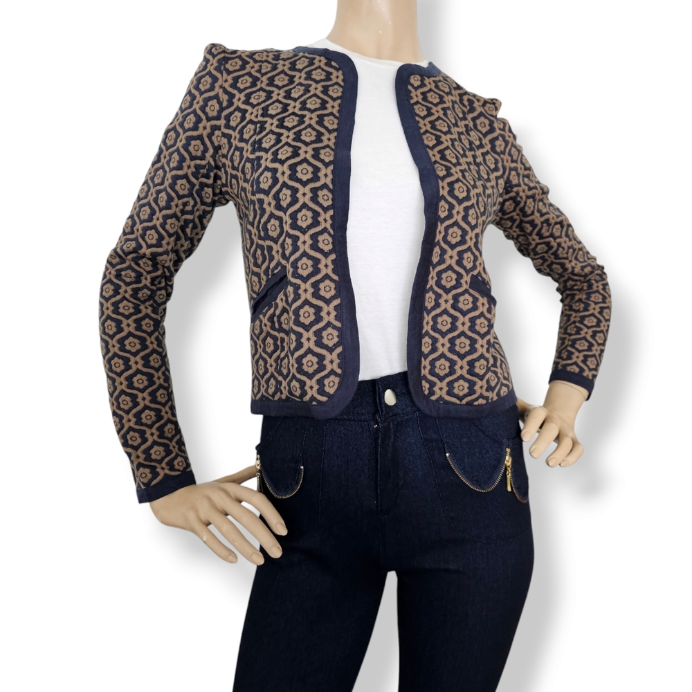 Frenchi Navy Blue Brown Jacquard Geometric Patterned Open Front Cardigan Jacket
